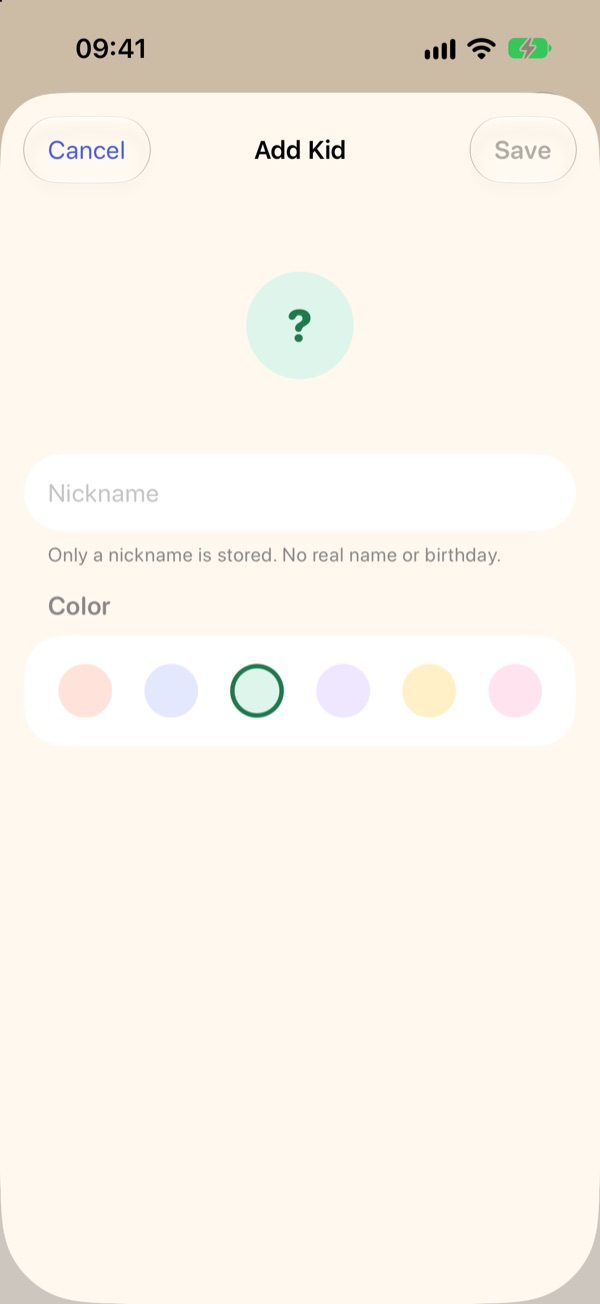 Add Kid screen with a nickname field and six colors