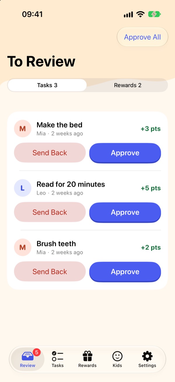 To Review screen with Send Back and Approve for each task