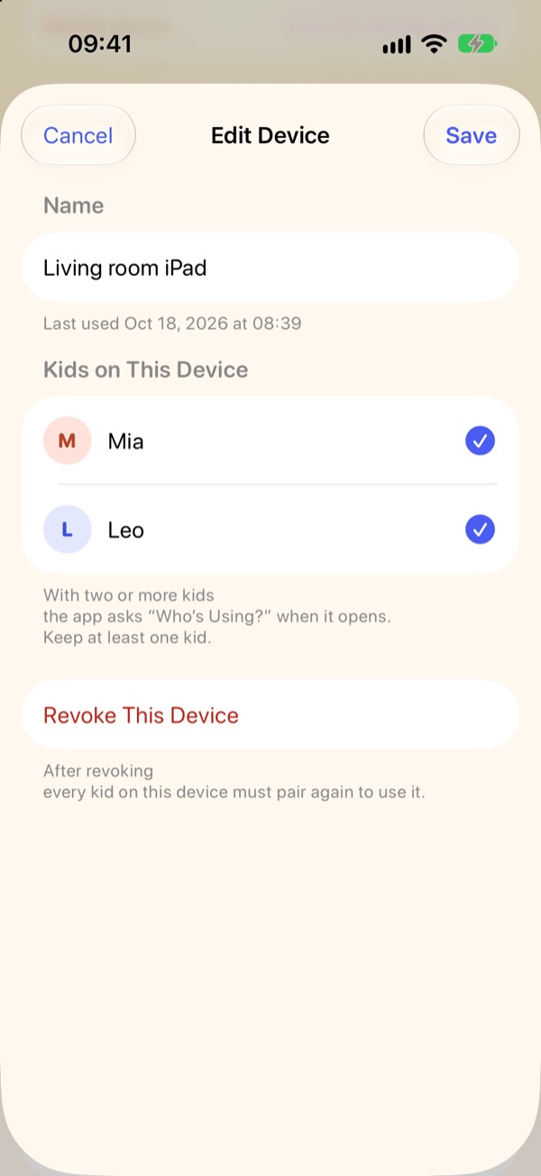 Edit Device screen with two kids checked