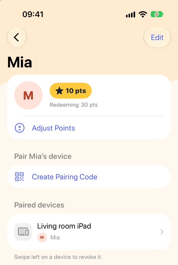 A kid’s page with Adjust Points, Create Pairing Code, and paired devices