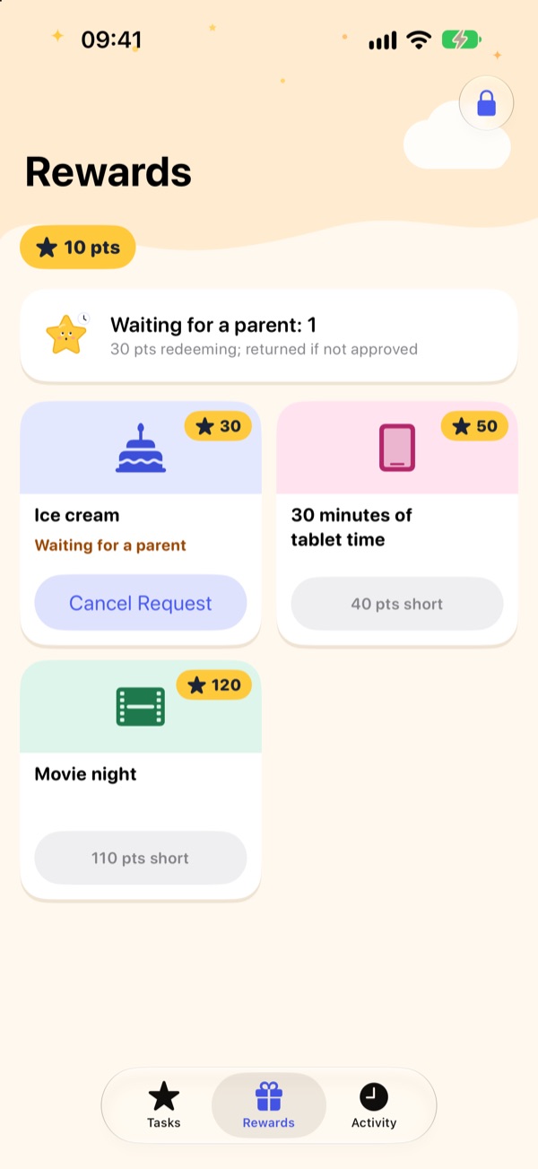 A kid’s rewards screen with one reward waiting for a parent