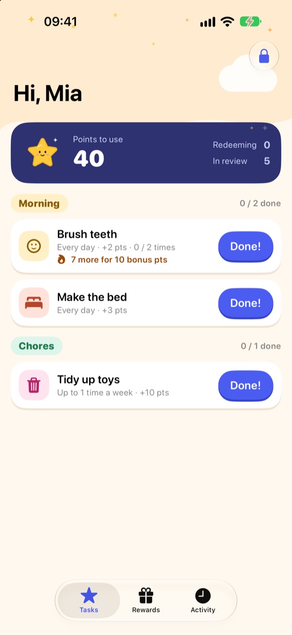 A kid’s task screen with points and a Done! button next to each task