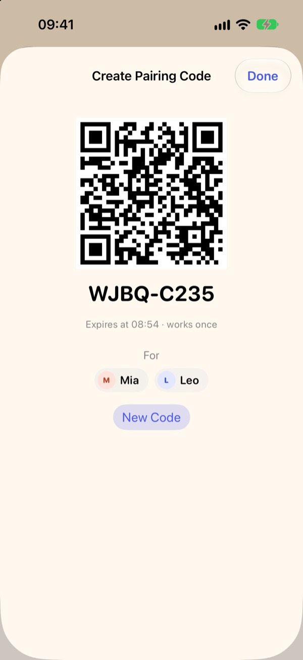 Pairing code screen with a QR code, the code, and the kids it is for