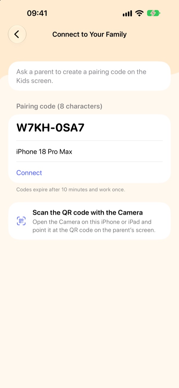 Connect to Your Family screen with the pairing code, device name, and Connect