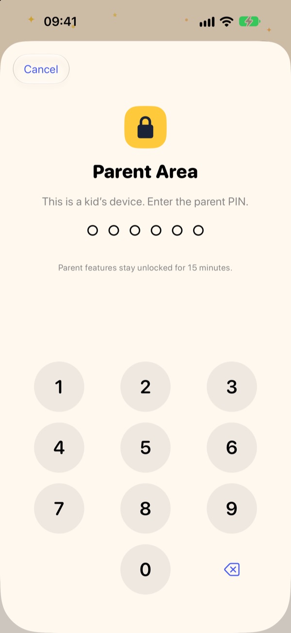 Parent Area screen with a keypad for the 6-digit parent PIN