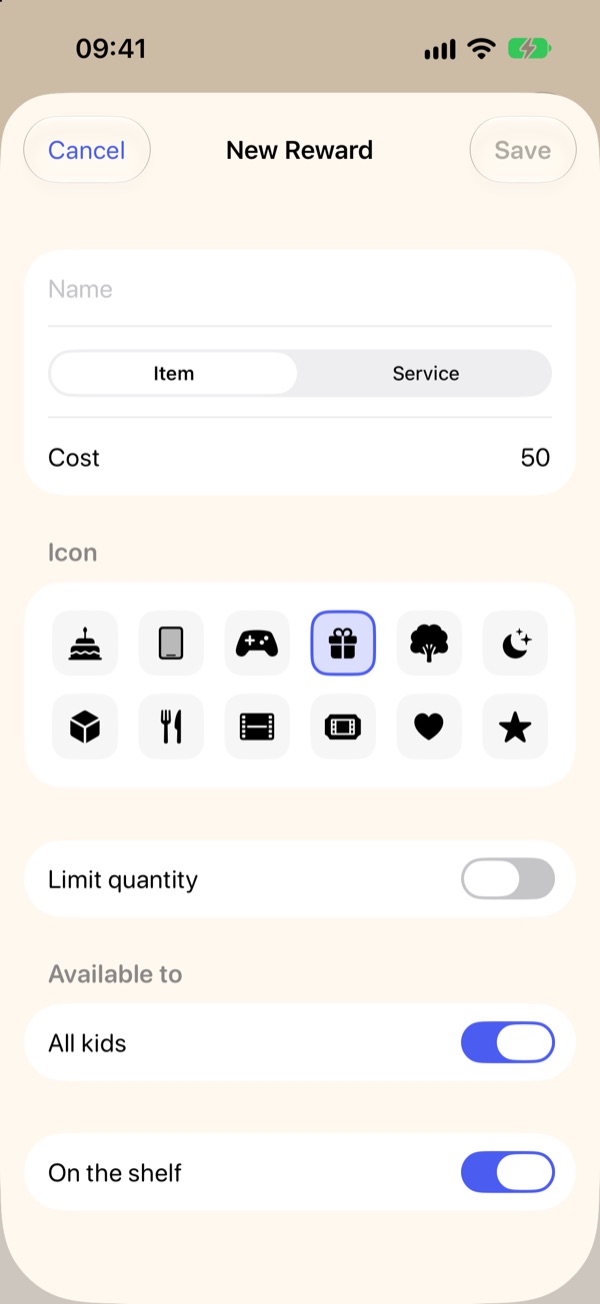 New Reward screen with name, item or service, points, limit quantity, and available to
