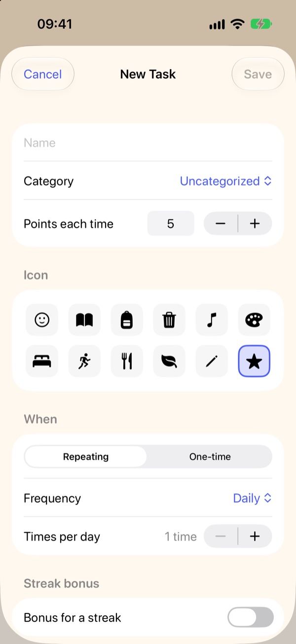 New Task screen with name, category, points, icons, and frequency