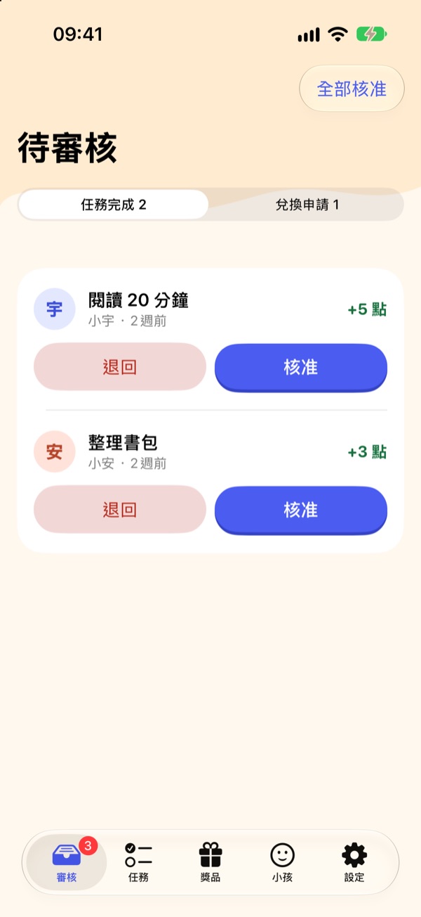 「待審核」畫面：每筆完成紀錄有「退回」與「核准」